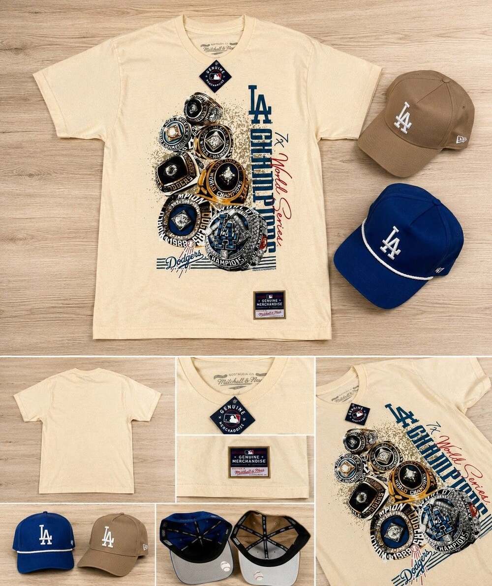 LA Dodgers Mitchell & Ness World Series Championship Rings Shirt Sz M & 2 Hats